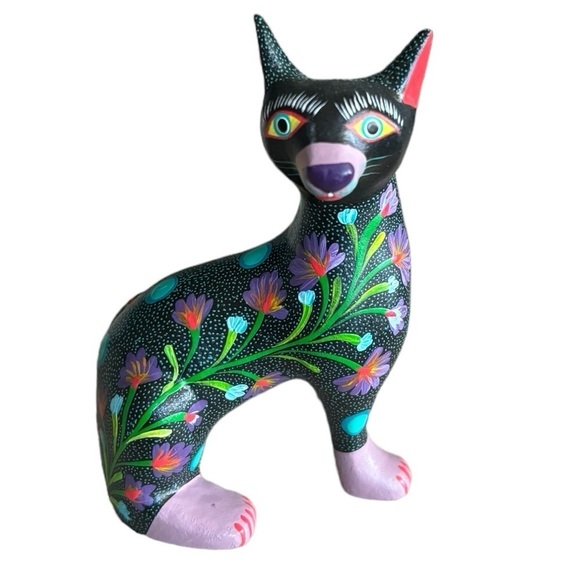 Oaxacan Wood Carving Hand Painted Cat Figurine Signed Jose Olevra Perez - Picture 8 of 8
